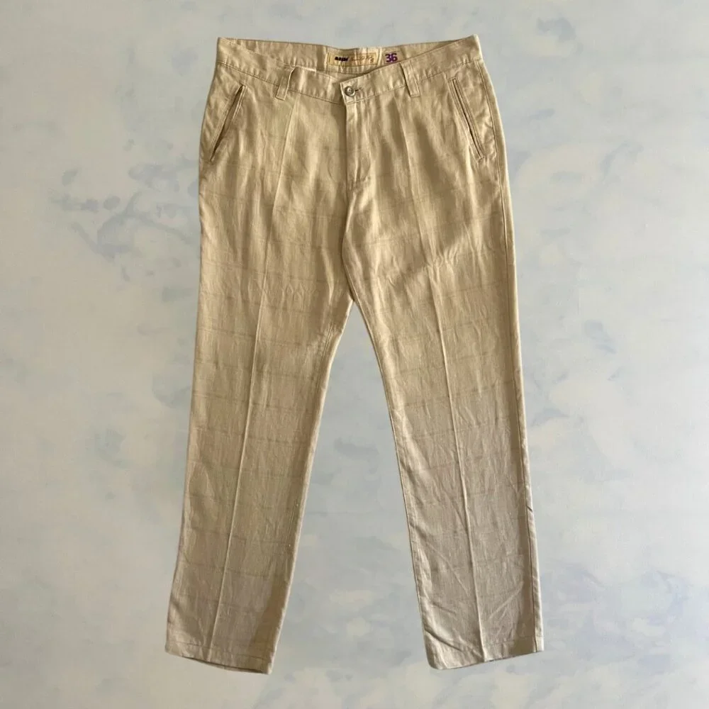 Mondo Men's Linen Beige Plaid Tapered Leg Pants